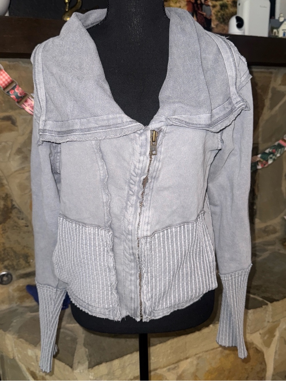 We The Free Light Gray Zip-Up Knit-Panel Hoodie